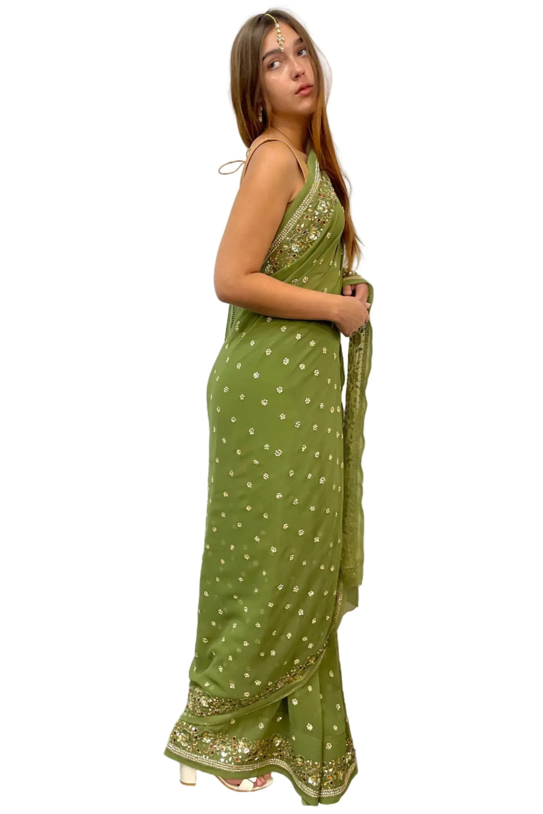 Georgette Sage Green Saree - MyEthnikRentals