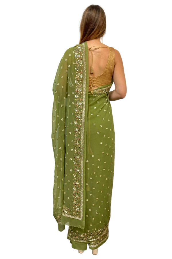 Georgette Sage Green Saree (Outside Ontario) - MyEthnikRentals