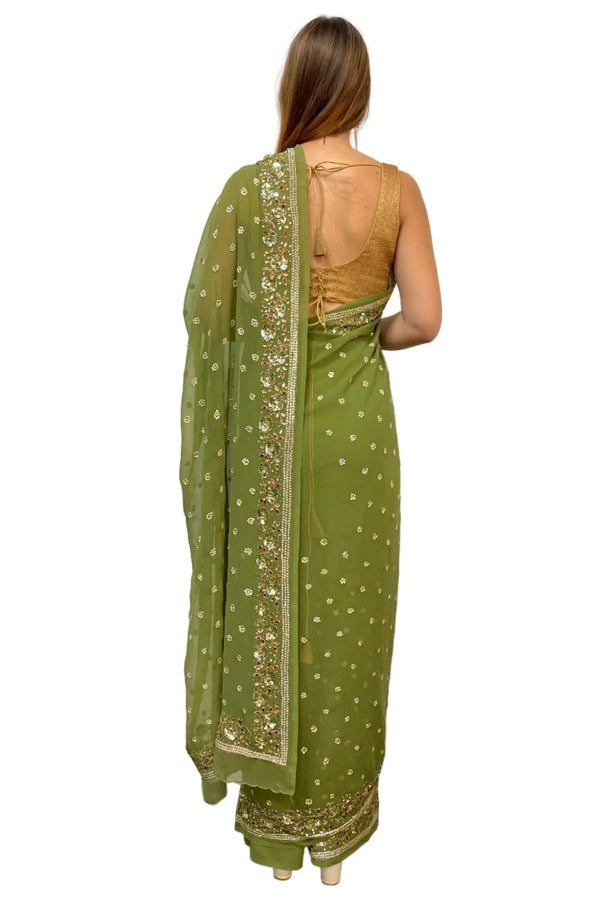 Georgette Sage Green Saree - MyEthnikRentals