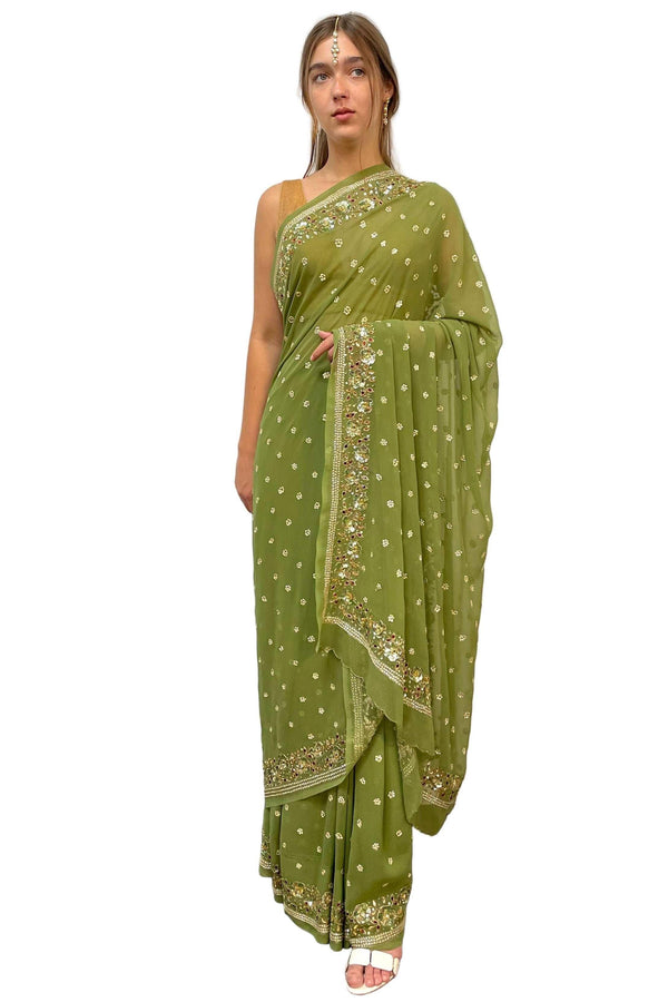 Georgette Sage Green Saree (Outside Ontario) - MyEthnikRentals