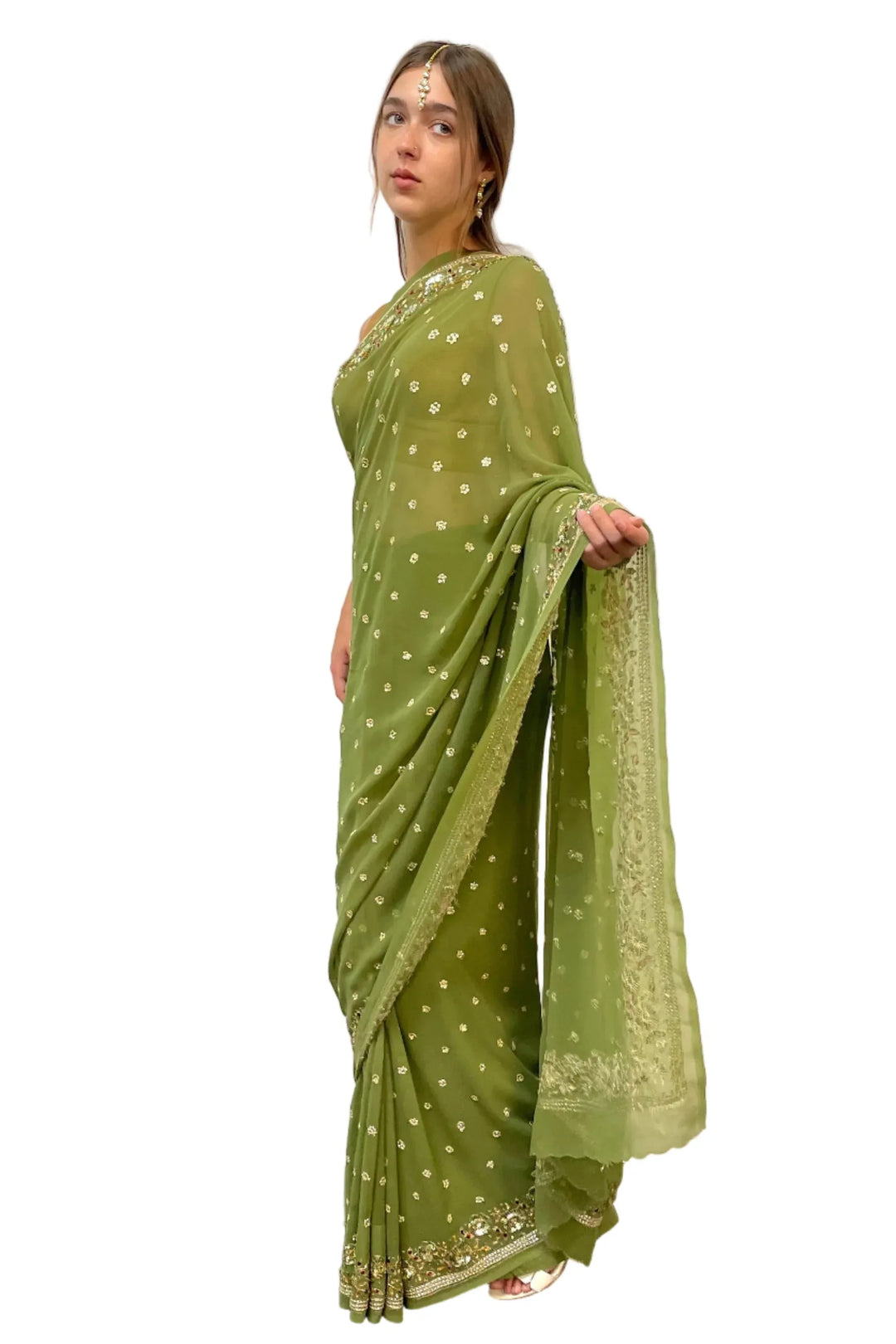 Georgette Sage Green Saree - MyEthnikRentals