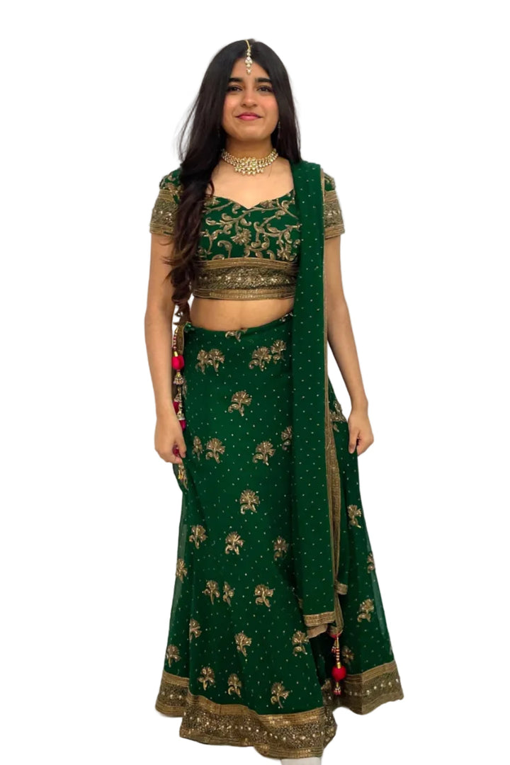 Dabka Work Emerald Green Lehenga - MyEthnikRentals