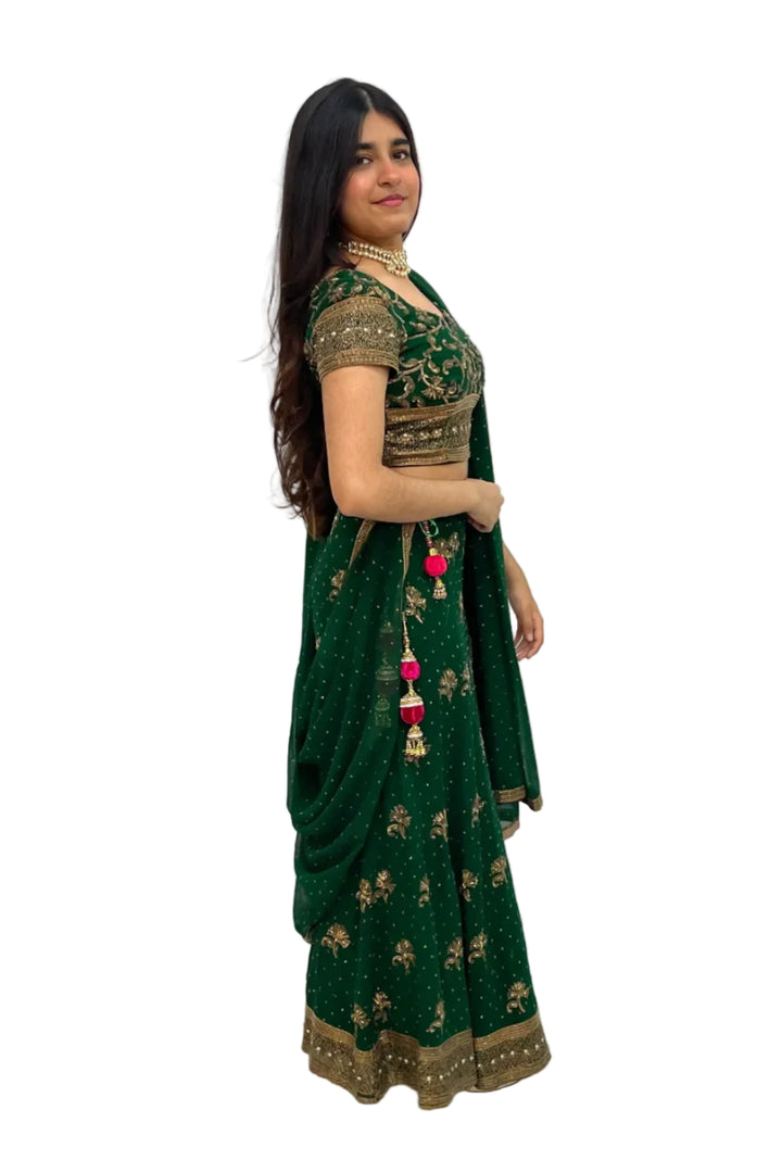 Dabka Work Emerald Green Lehenga - MyEthnikRentals