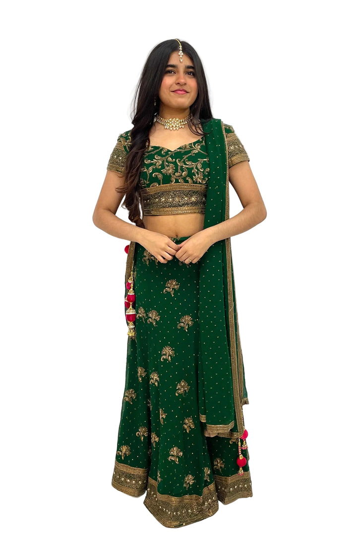 Dabka Work Emerald Green Lehenga - MyEthnikRentals