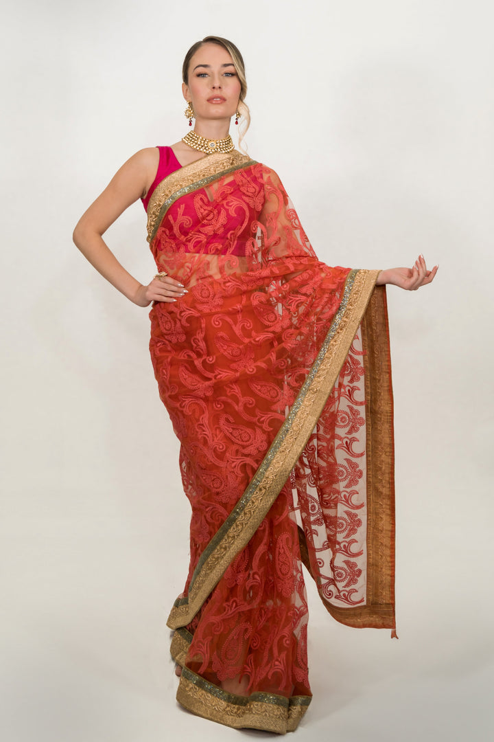 Pink Motif Net Saree (Outside Ontario) - MyEthnikRentals