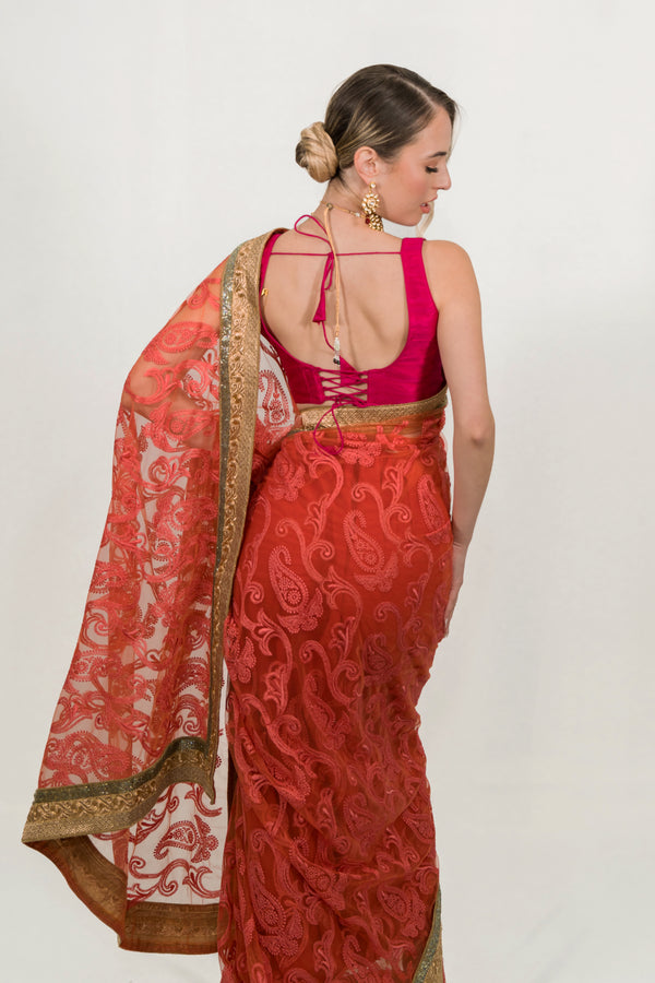 Pink Motif Net Saree - MyEthnikRentals
