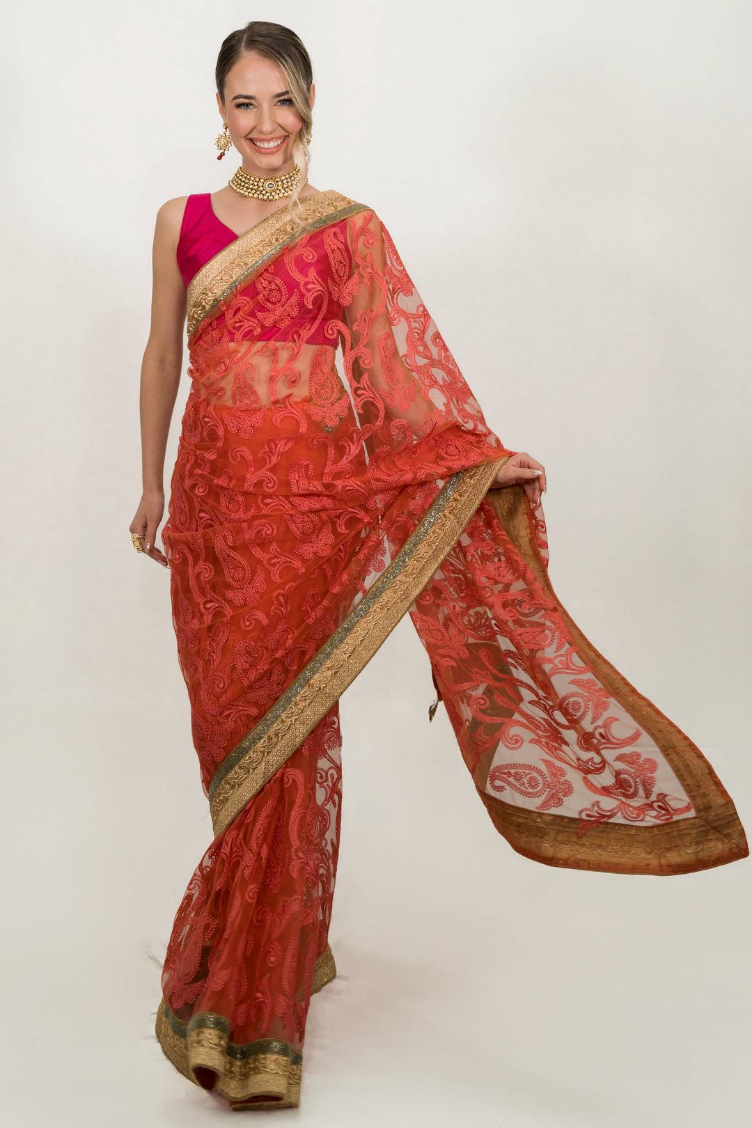 Pink Motif Net Saree (Outside Ontario) - MyEthnikRentals