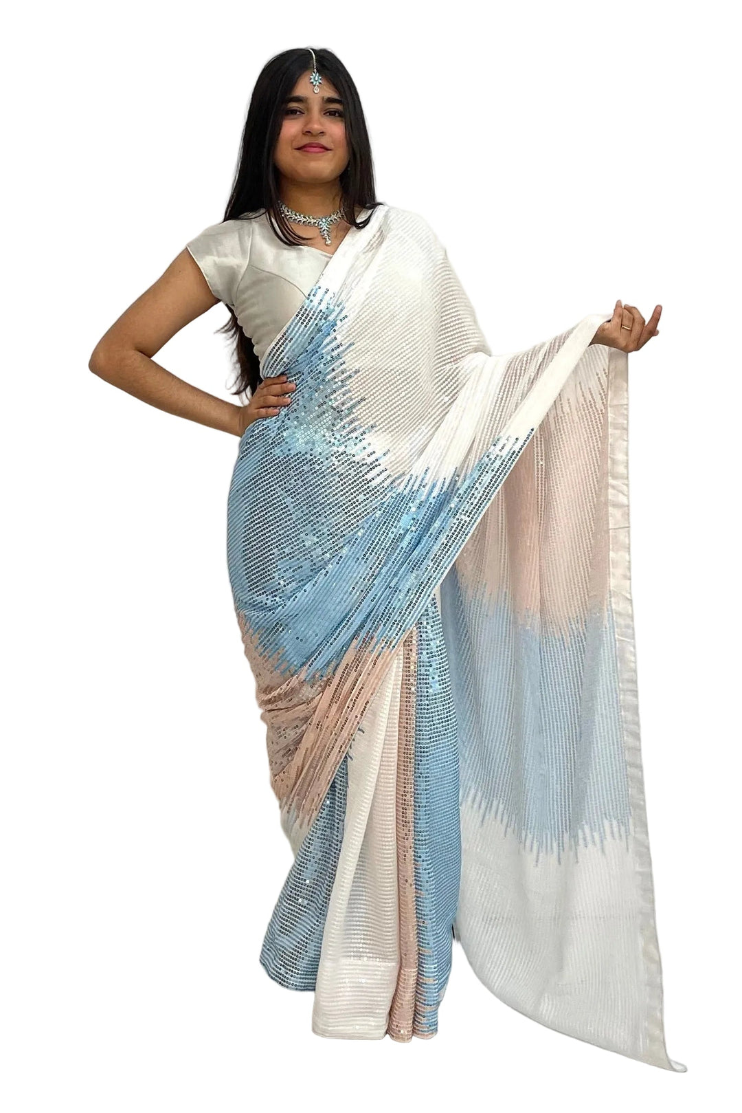 Blue and Pink Sequin Saree - MyEthnikRentals