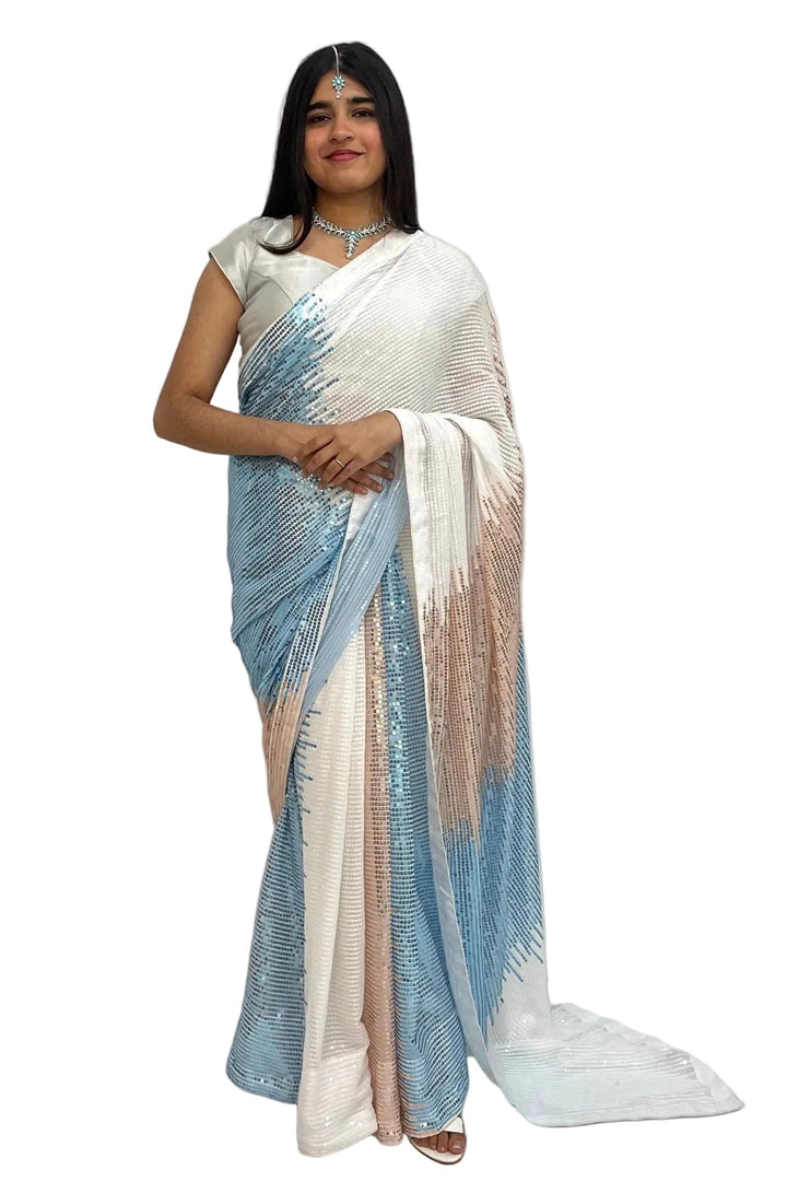 Blue and Pink Sequin Saree - MyEthnikRentals