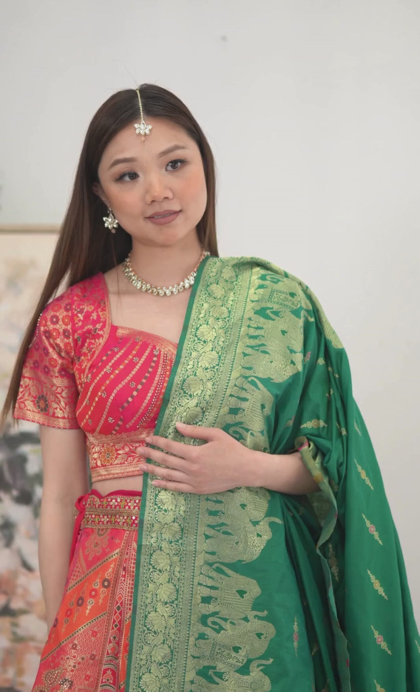 Pink Red Banarasi Lehenga