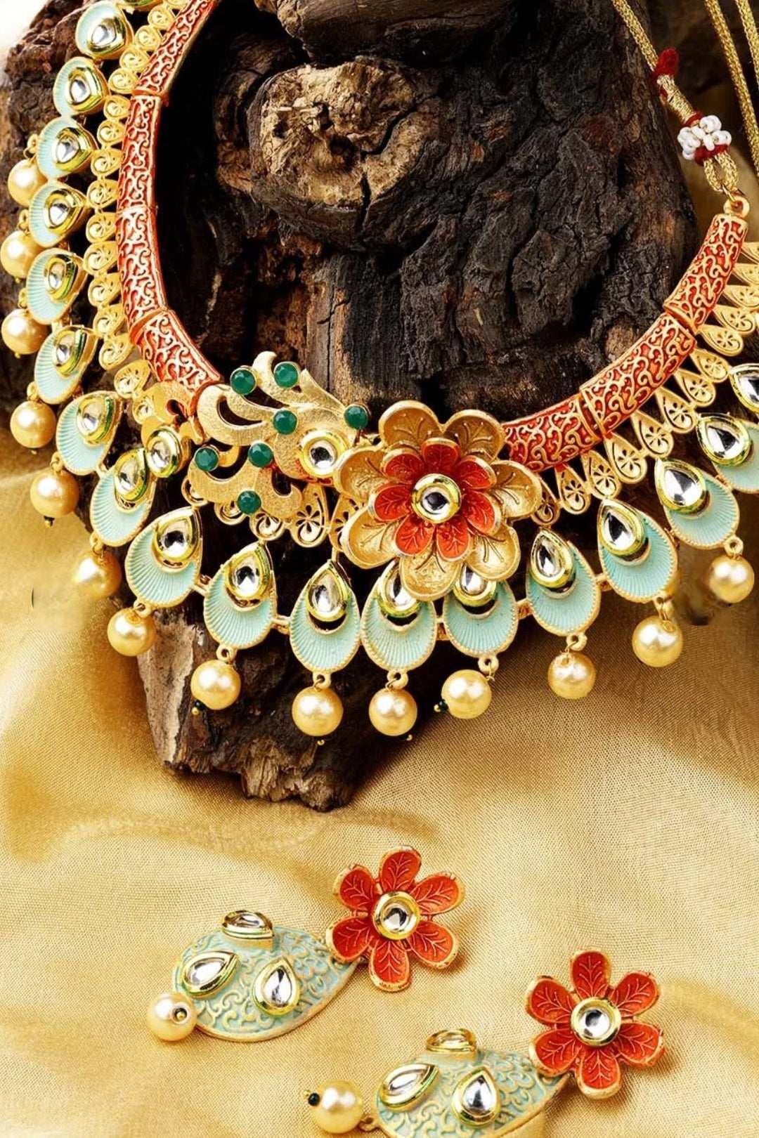 Sea-Green and Red Jaipuri style Jewellery Set (Outside Ontario) - MyEthnikRentals