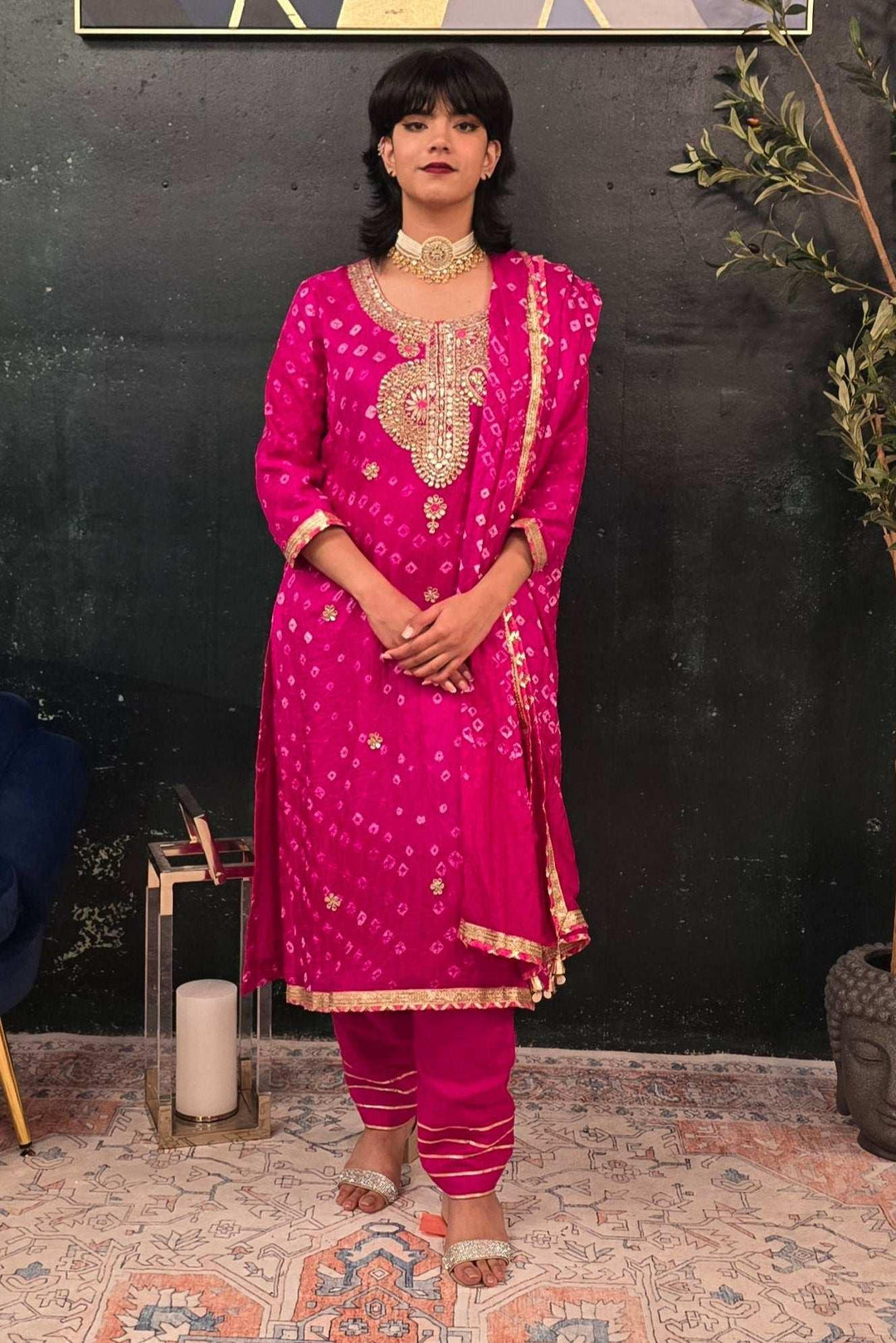 Fuschia Pink Bandhni Gotta Patti Salwar Kameez (Outside Ontario) - MyEthnikRentals