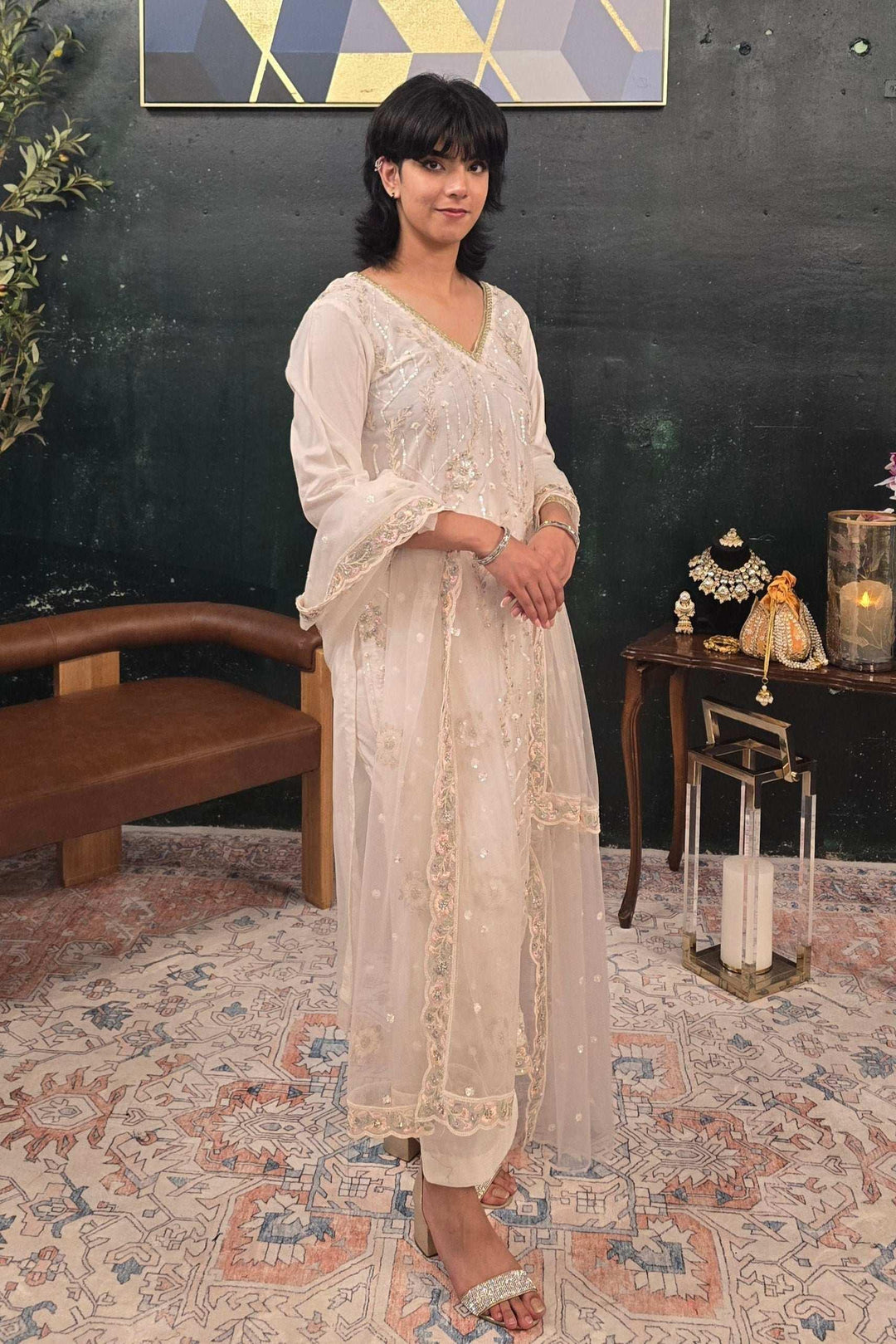 Off White Georgette Salwar Kameez (Outside Ontario) - MyEthnikRentals