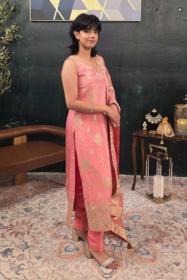 Soft Pink Chanderi Silk Salwar Kameez (Outside Ontario) - MyEthnikRentals