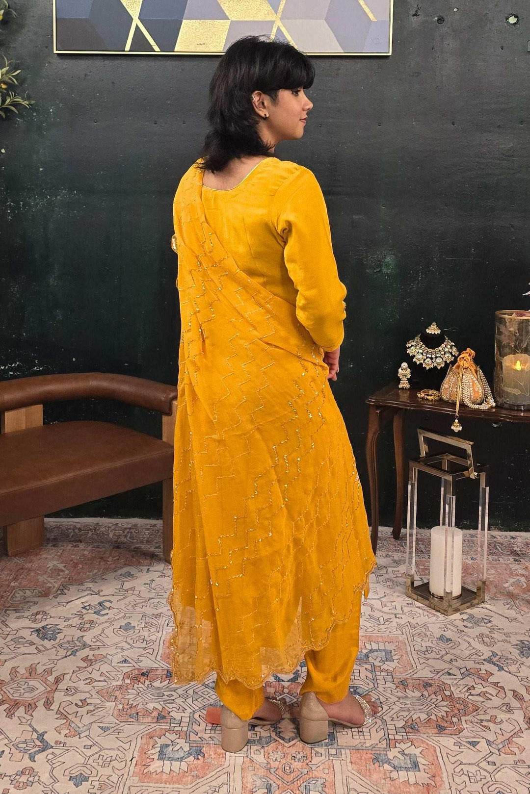 Yellow georgette silver embroidery Salwar Kameez (Outside Ontario) - MyEthnikRentals