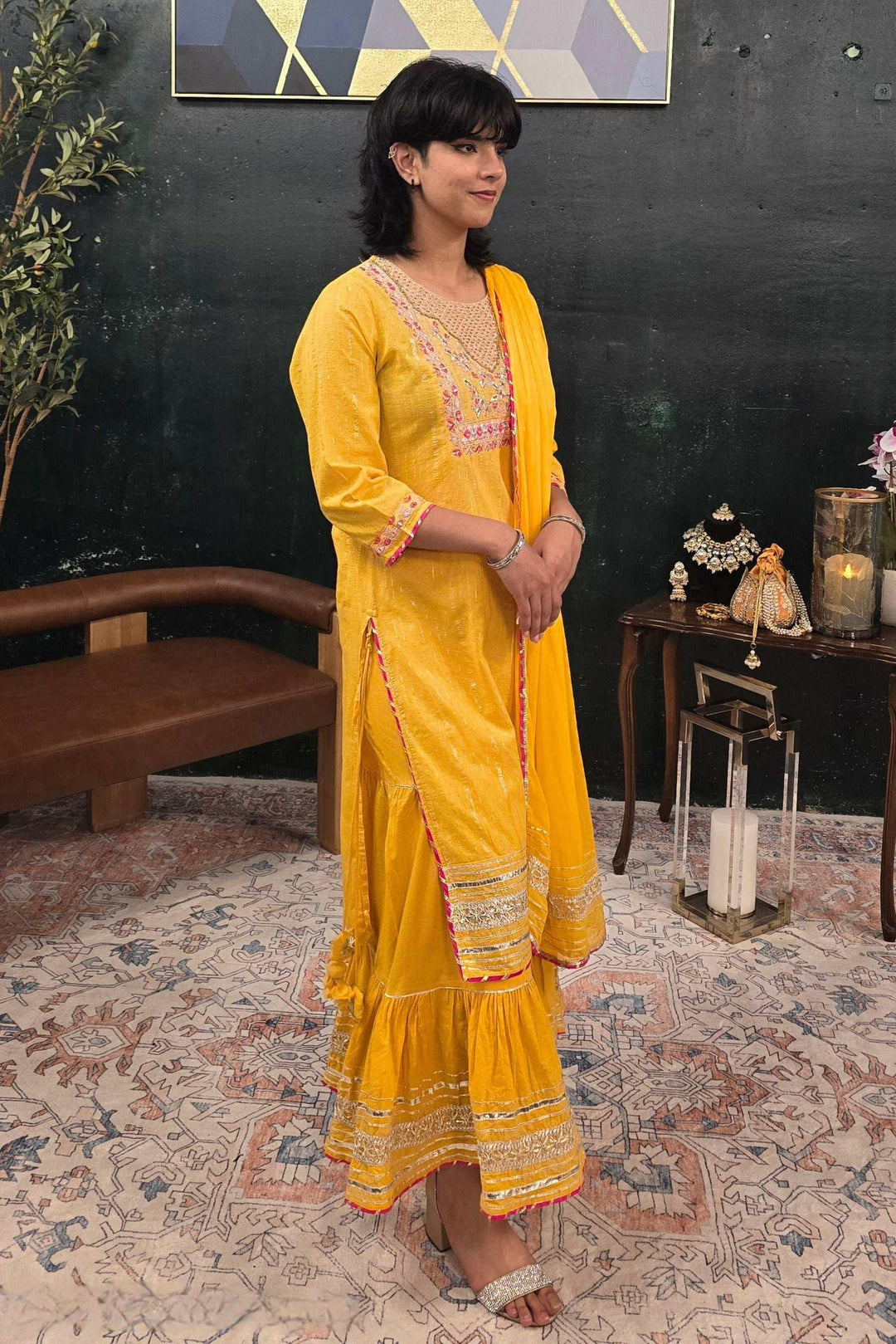 Yellow linen pink embroidery Salwar Kameez (Outside Ontario) - MyEthnikRentals