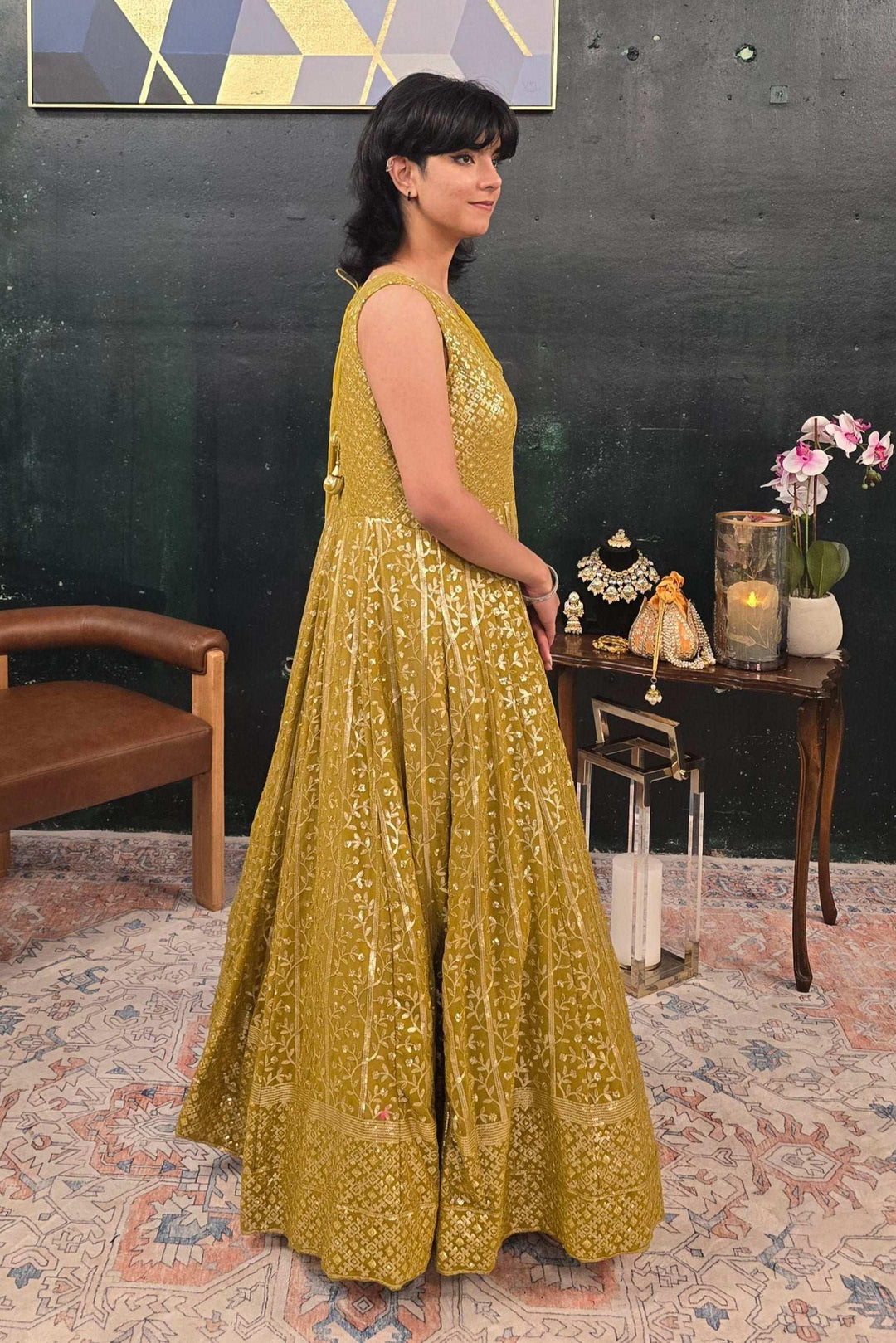 Mehendi Green embroidered Salwar Kameez (Anarkali) (Outside Ontario) - MyEthnikRentals