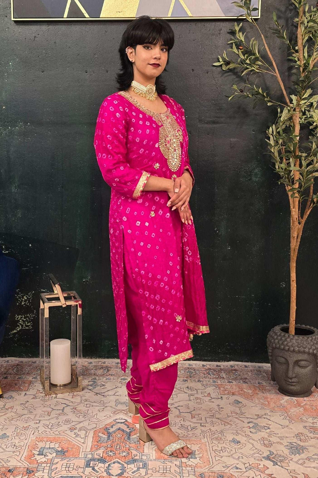Fuschia Pink Bandhni Gotta Patti Salwar Kameez (Outside Ontario) - MyEthnikRentals