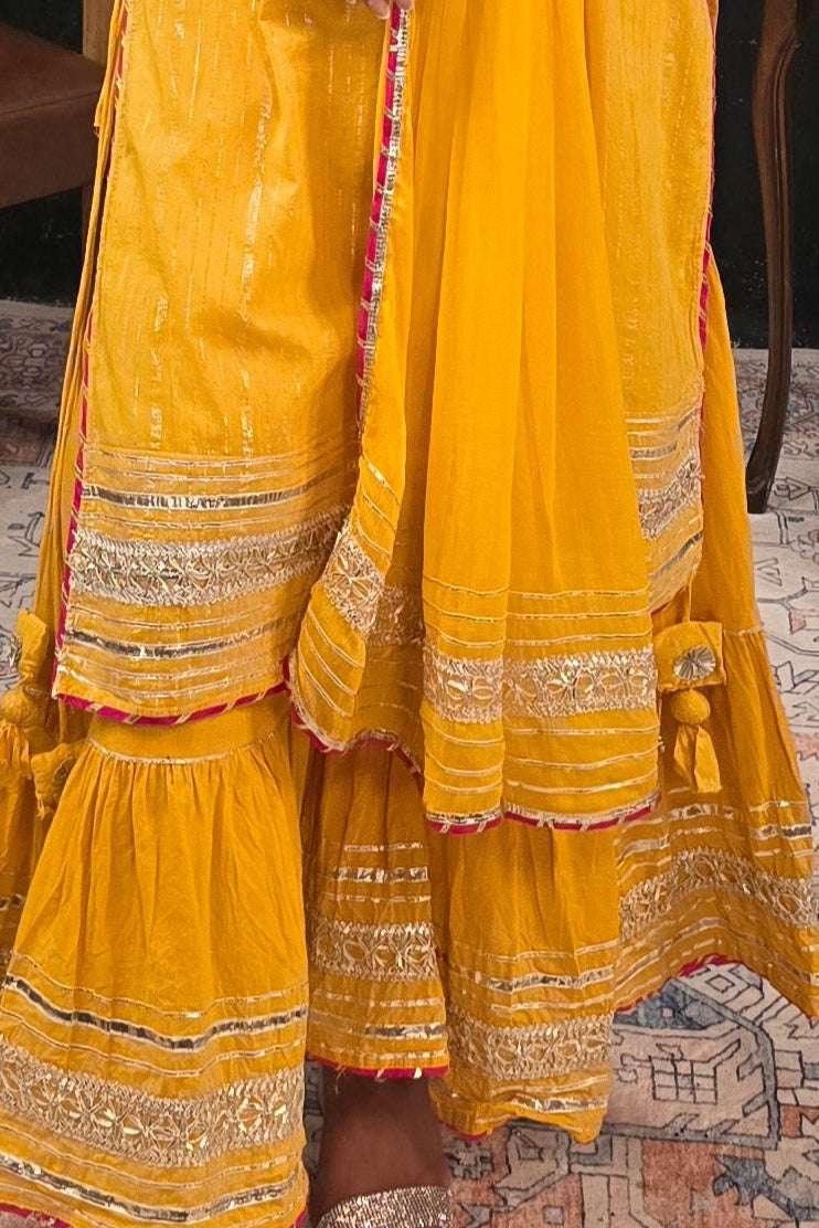 Yellow linen pink embroidery Salwar Kameez (Outside Ontario) - MyEthnikRentals