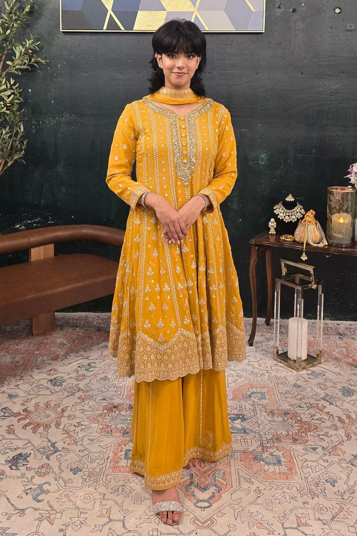 Yellow georgette crystal work Salwar Kameez (Outside Ontario) - MyEthnikRentals