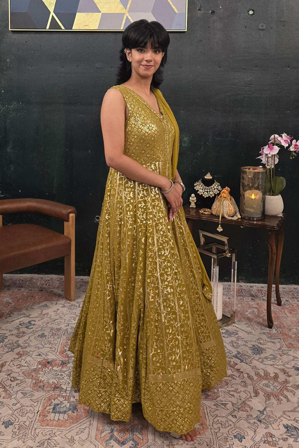 Mehendi Green embroidered Salwar Kameez (Anarkali) (Outside Ontario) - MyEthnikRentals