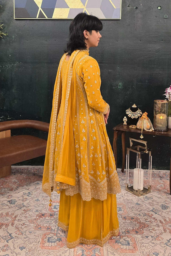 Yellow georgette crystal work Salwar Kameez (Outside Ontario) - MyEthnikRentals