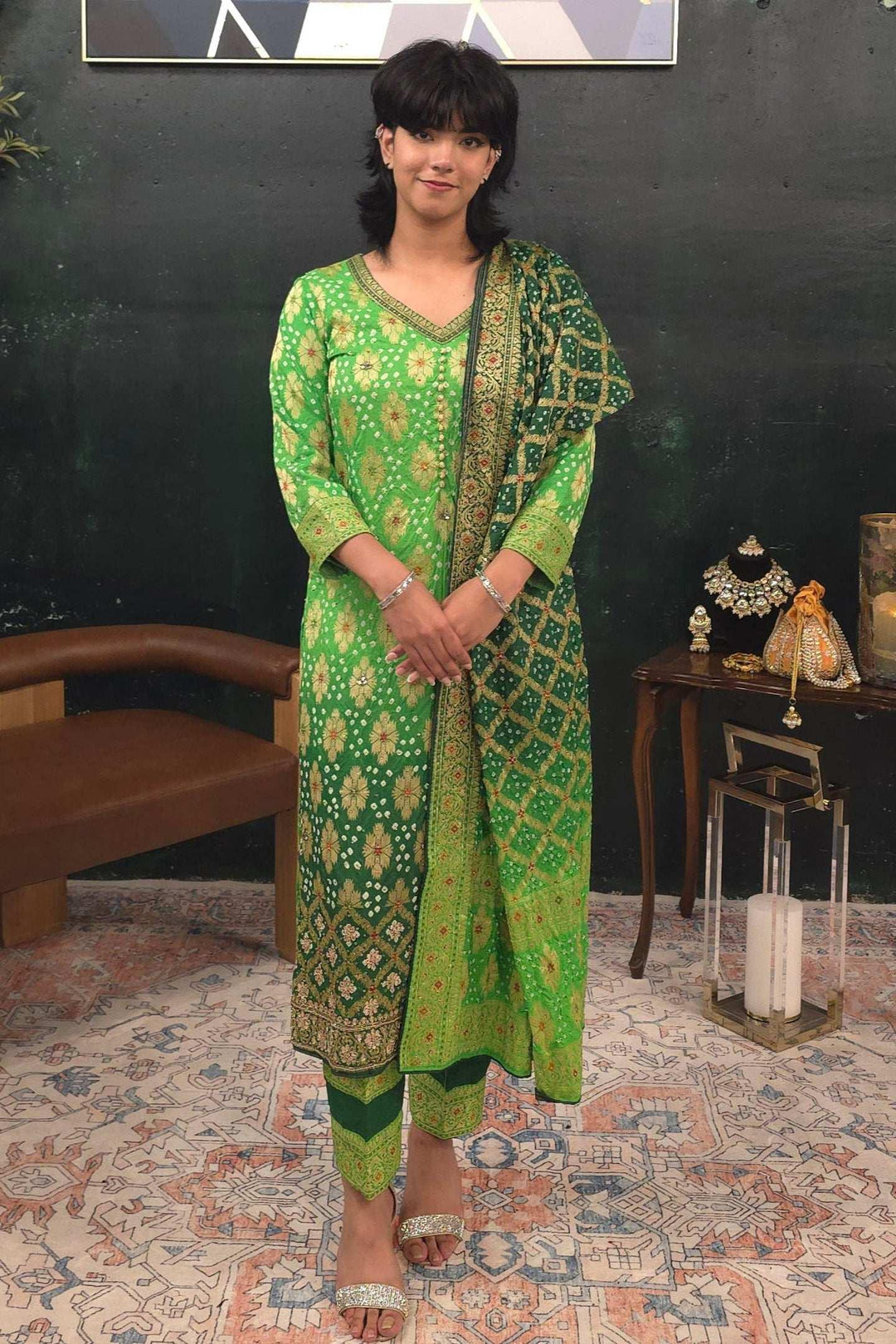 Bandhni - Mint Green - Dark green embroidered Salwar Kameez (Outside Ontario) - MyEthnikRentals