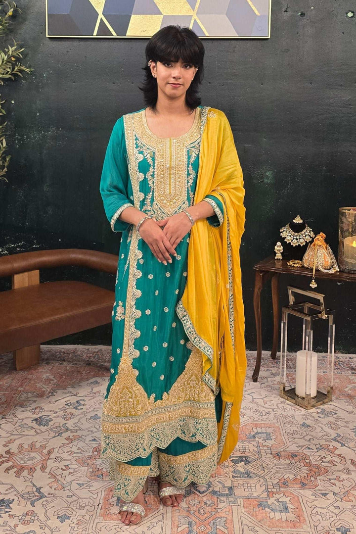 Turquoise Blue Heavy Embroidered Salwar Kameez (Outside Ontario) - MyEthnikRentals