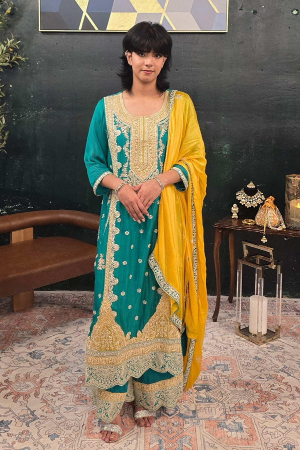 Turquoise Blue Heavy Embroidered Salwar Kameez (Outside Ontario) - MyEthnikRentals