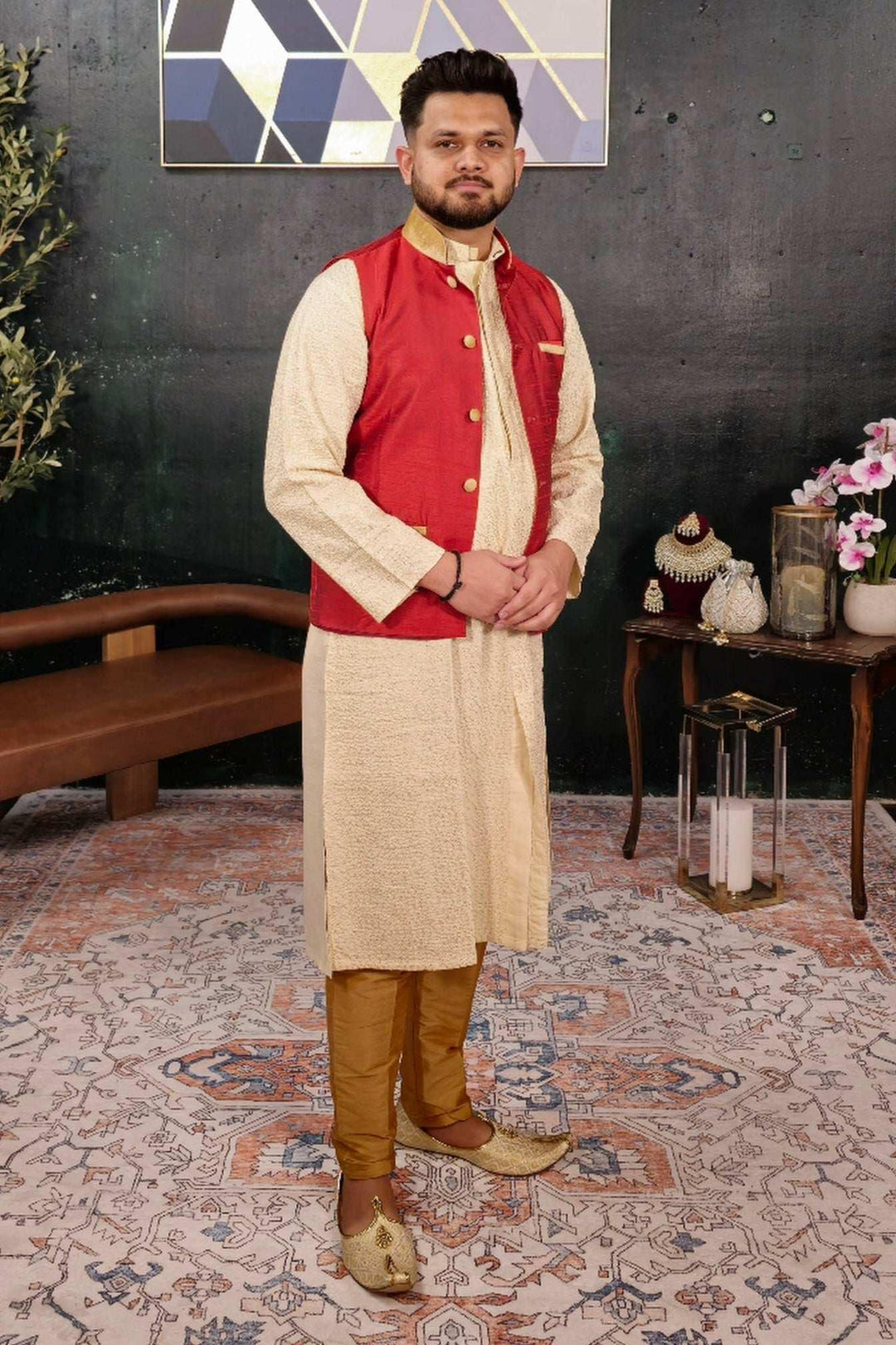 Cream Kurta Pajama with Red Jacket (Outside Ontario) - MyEthnikRentals
