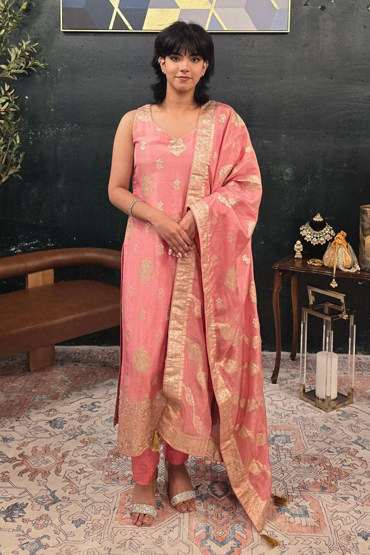 Soft Pink Chanderi Silk Salwar Kameez (Outside Ontario) - MyEthnikRentals