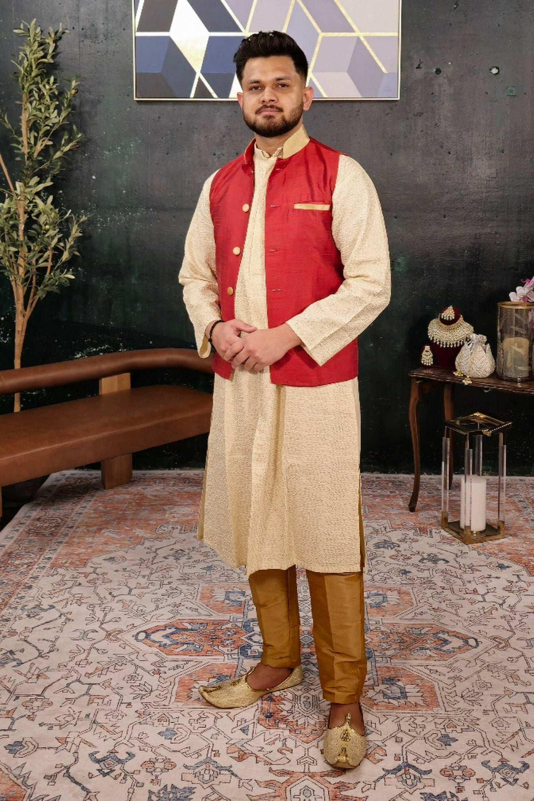 Cream Kurta Pajama with Red Jacket (Outside Ontario) - MyEthnikRentals