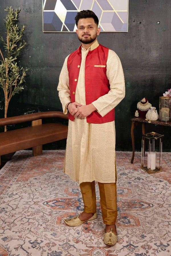 Cream Kurta Pajama with Red Jacket (Outside Ontario) - MyEthnikRentals