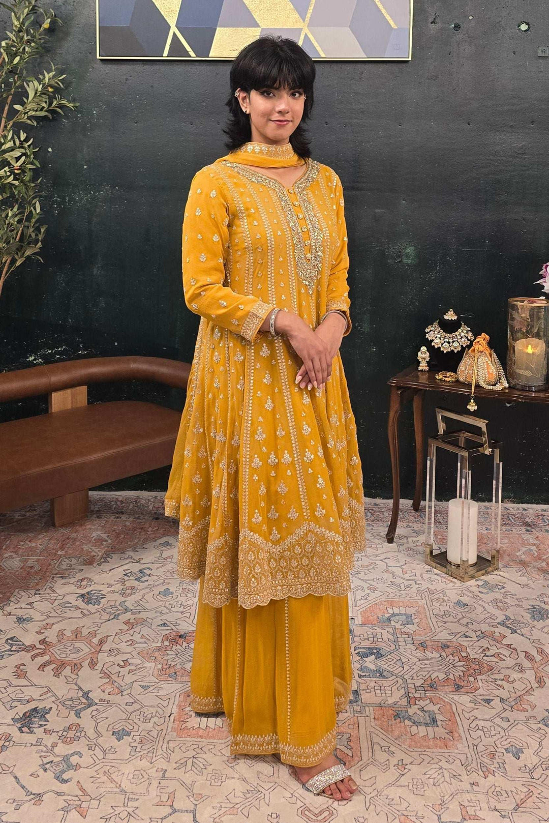 Yellow georgette crystal work Salwar Kameez (Outside Ontario) - MyEthnikRentals