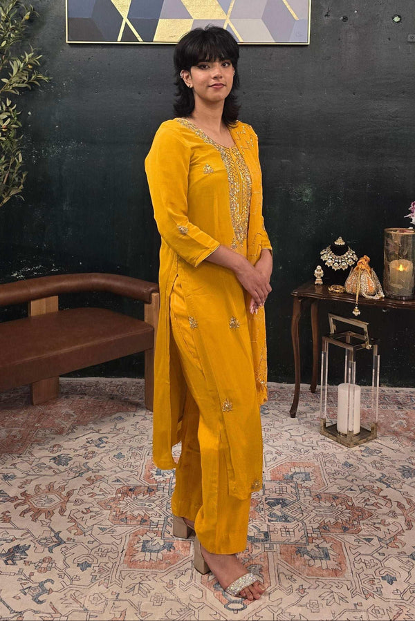 Yellow georgette silver embroidery Salwar Kameez (Outside Ontario) - MyEthnikRentals