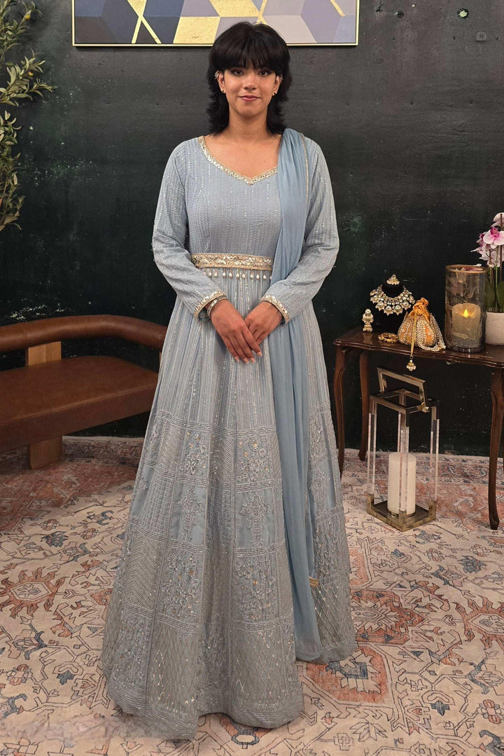 Blue embroidered Salwar Kameez (Anarkali) (Outside Ontario) - MyEthnikRentals