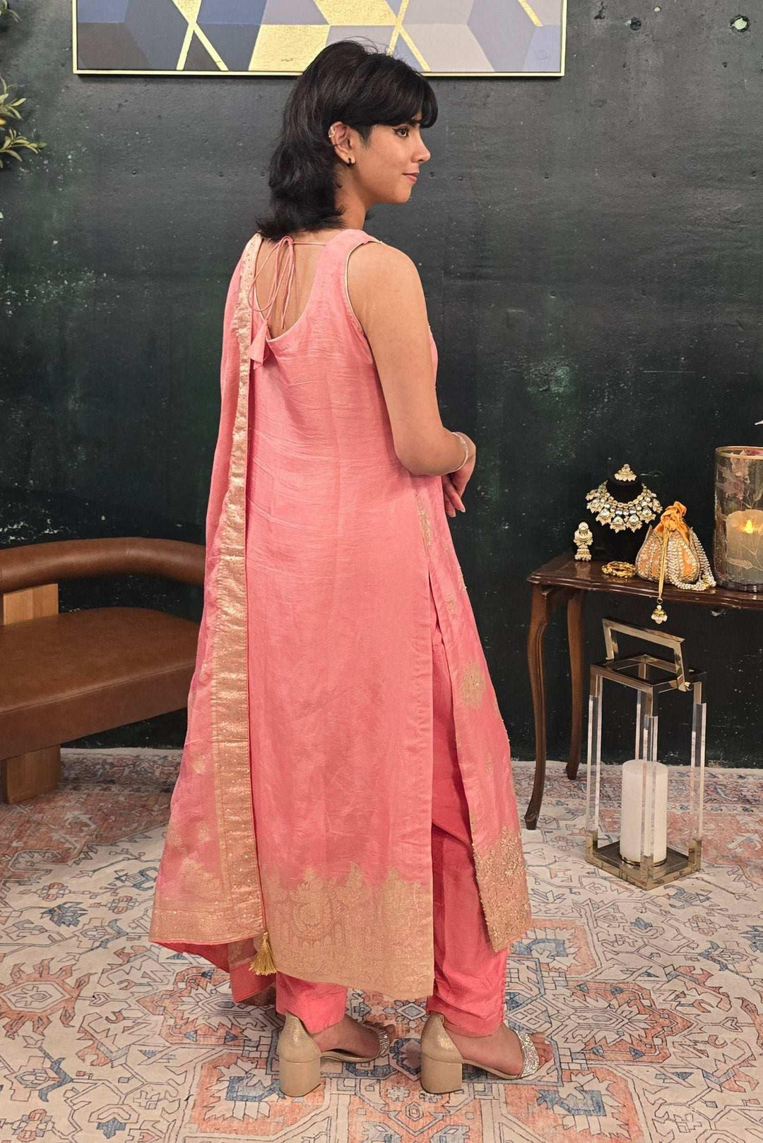 Soft Pink Chanderi Silk Salwar Kameez (Outside Ontario) - MyEthnikRentals