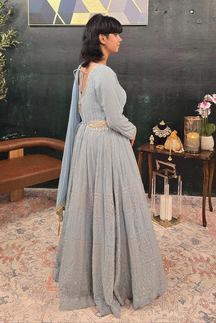 Blue embroidered Salwar Kameez (Anarkali) (Outside Ontario) - MyEthnikRentals