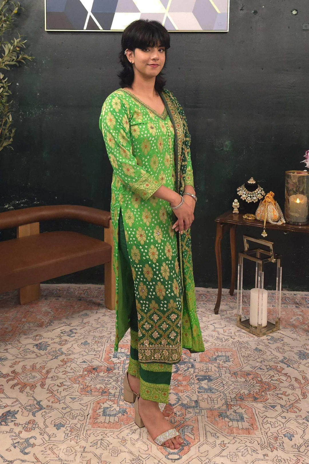 Bandhni - Mint Green - Dark green embroidered Salwar Kameez (Outside Ontario) - MyEthnikRentals