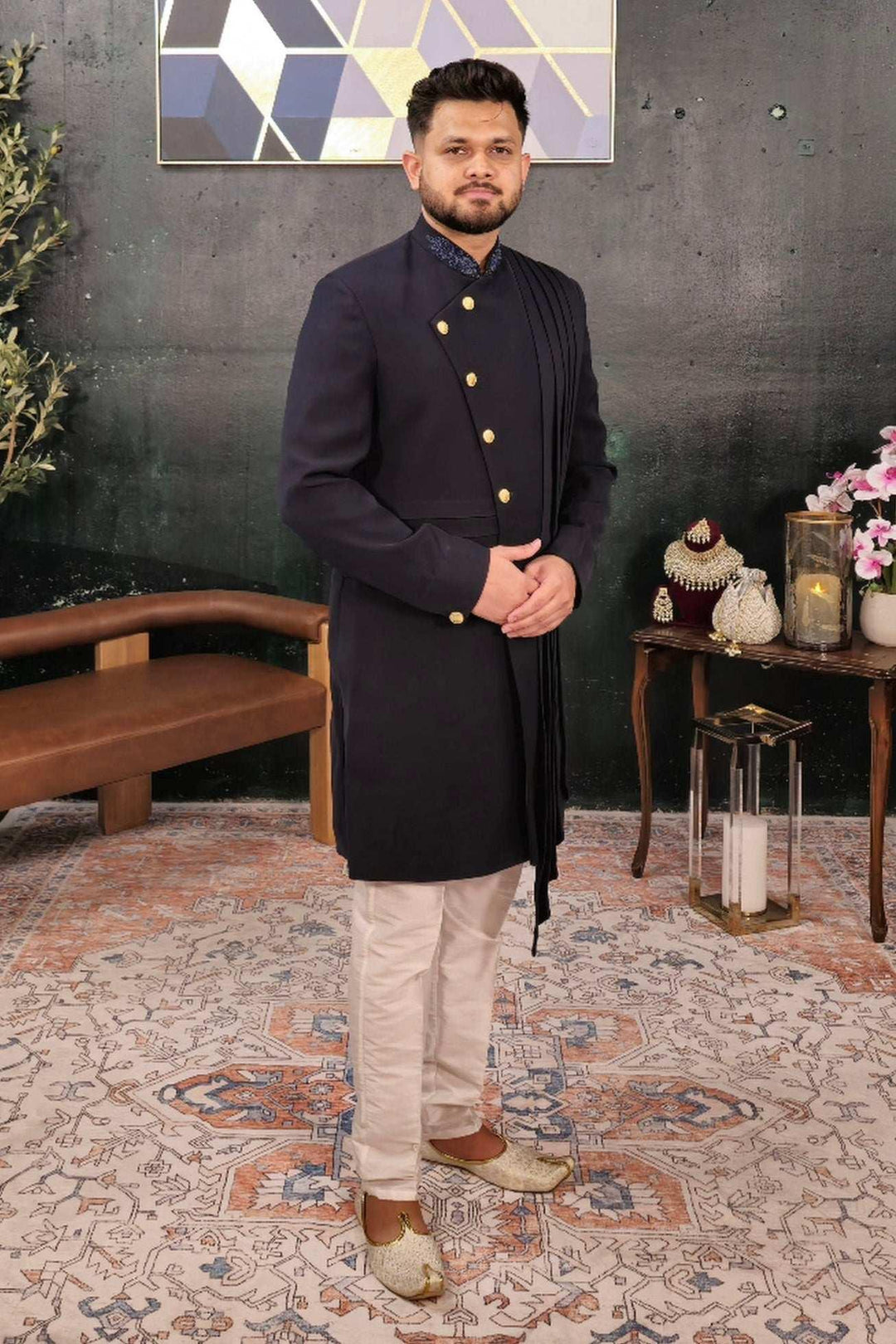 Dark Blue with blue embroidered collar Indo-western Set (Outside Ontario) - MyEthnikRentals