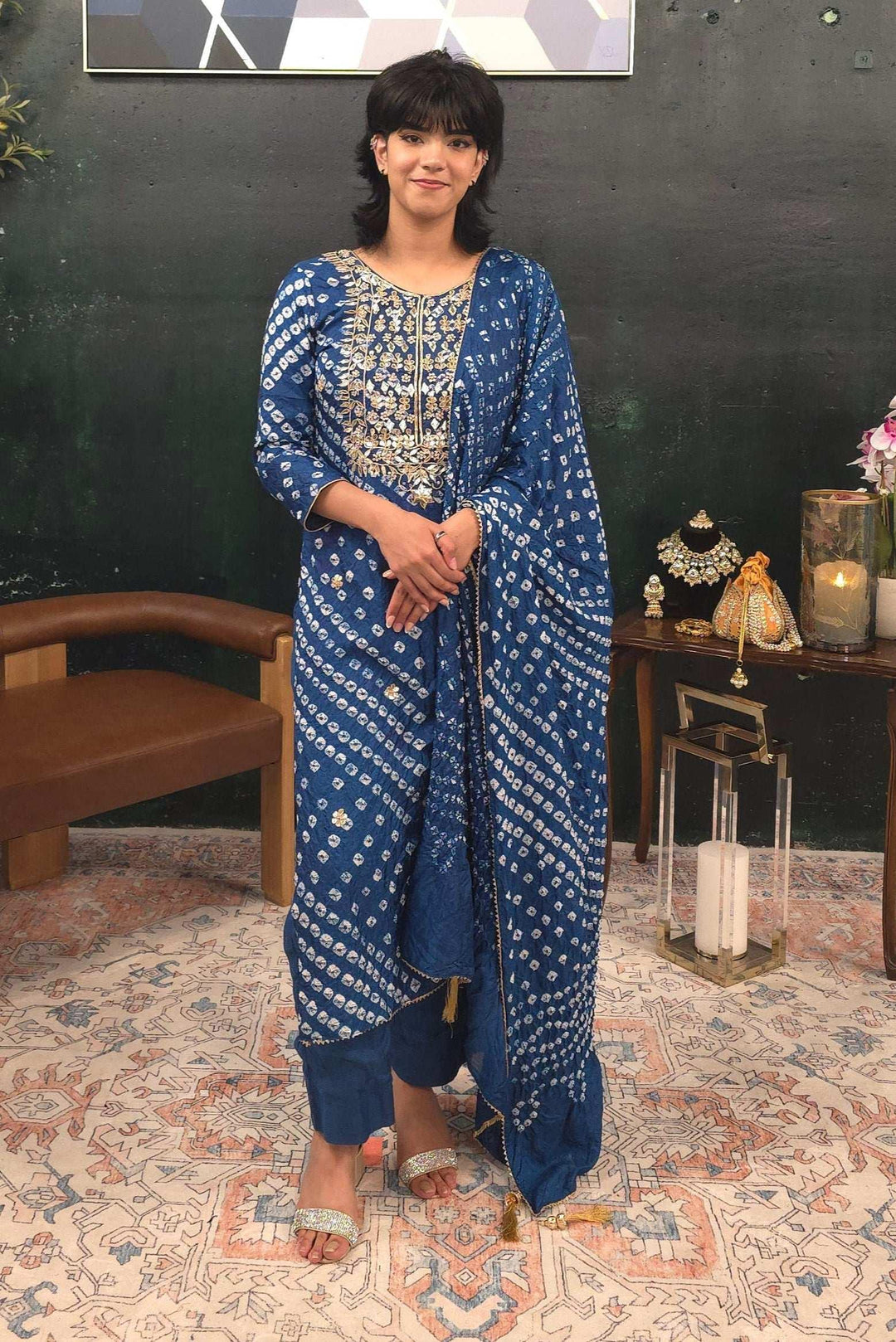 Blue Bandhej embroidered Salwar Kameez (Outside Ontario) - MyEthnikRentals