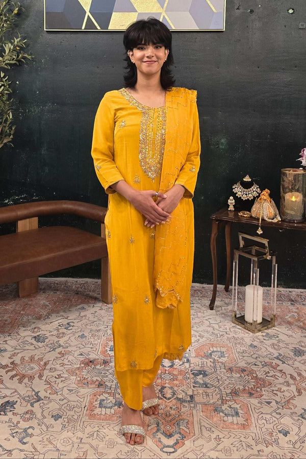 Yellow georgette silver embroidery Salwar Kameez (Outside Ontario) - MyEthnikRentals