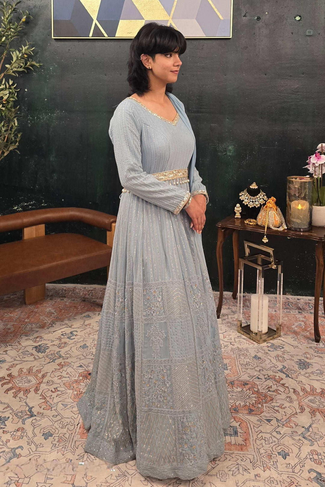 Blue embroidered Salwar Kameez (Anarkali) (Outside Ontario) - MyEthnikRentals