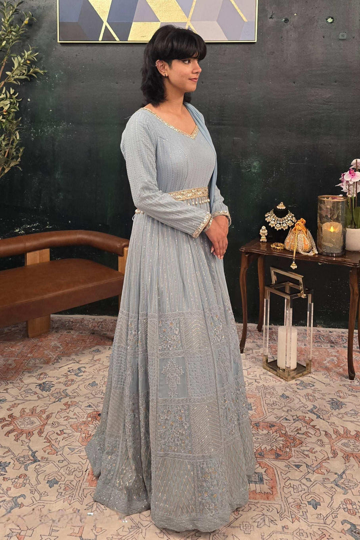 Blue embroidered Salwar Kameez (Anarkali) (Outside Ontario) - MyEthnikRentals