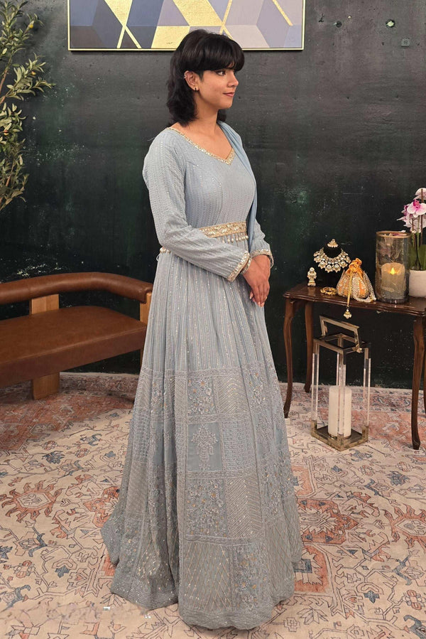 Blue embroidered Salwar Kameez (Anarkali) (Outside Ontario) - MyEthnikRentals