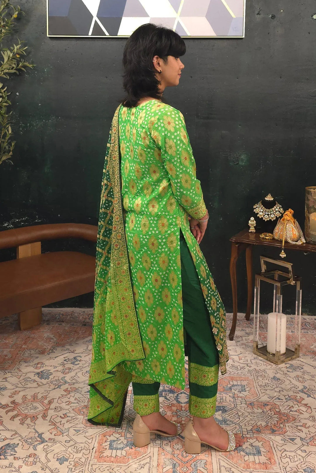 Bandhni - Mint Green - Dark green embroidered Salwar Kameez - MyEthnikRentals