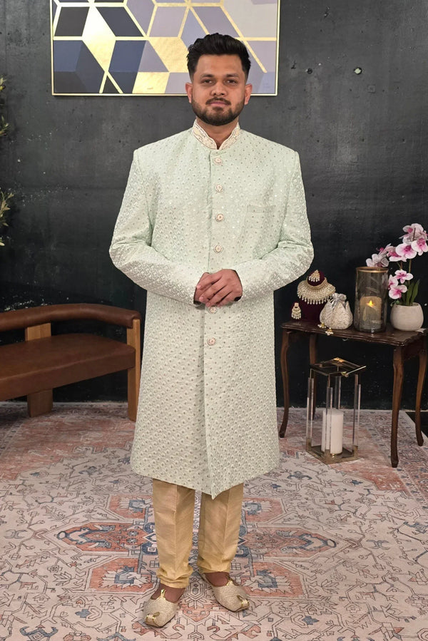 Minty Green Embroidered Sherwani - MyEthnikRentals