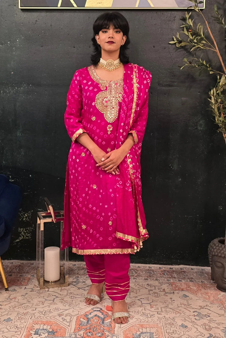 Fuschia Pink Bandhni Gotta Patti Salwar Kameez - MyEthnikRentals