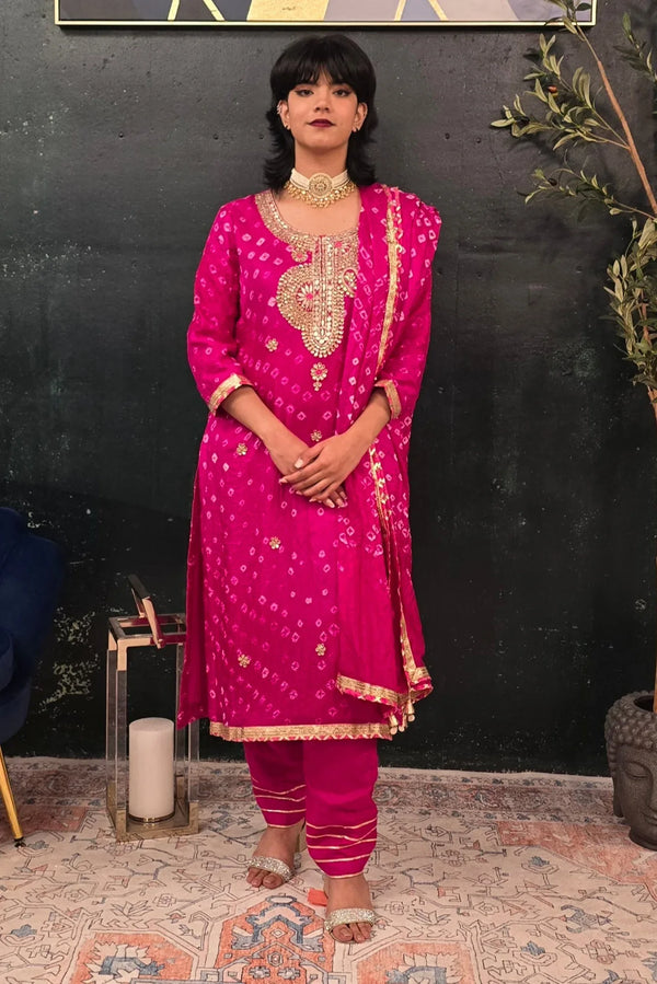 Fuschia Pink Bandhni Gotta Patti Salwar Kameez - MyEthnikRentals