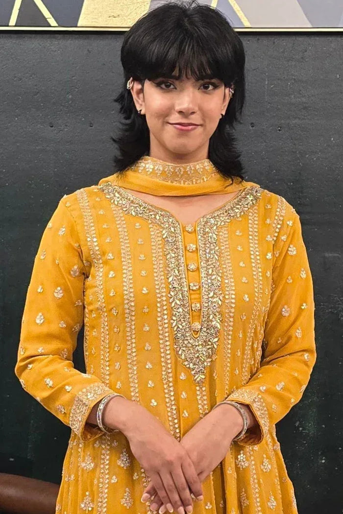 Yellow georgette crystal work Salwar Kameez (Outside Ontario) - MyEthnikRentals